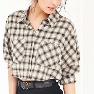 UNIF x UO Cropped Plaid Yellow Mustard Gold Black Button Down Up Flannel Shirt